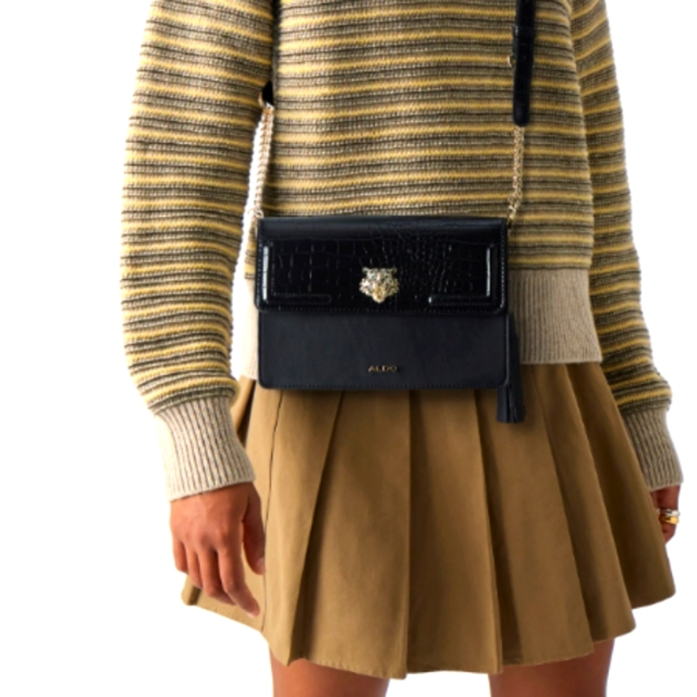 ALDO Designer Inspired Croc Crossbody with Chain Strap and Jeweled Tiger
